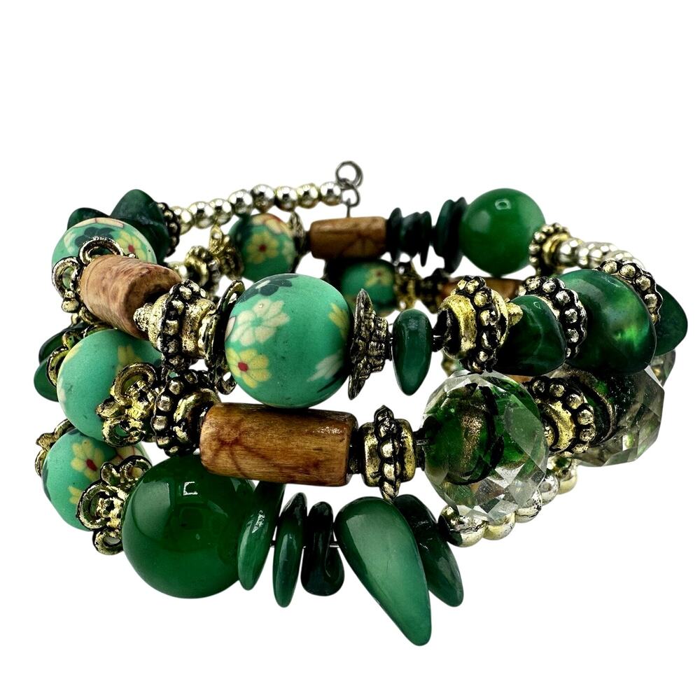Boho Hippy Green Clay Glass Stone Wood Coil Wrap Silver Tone Bracelet